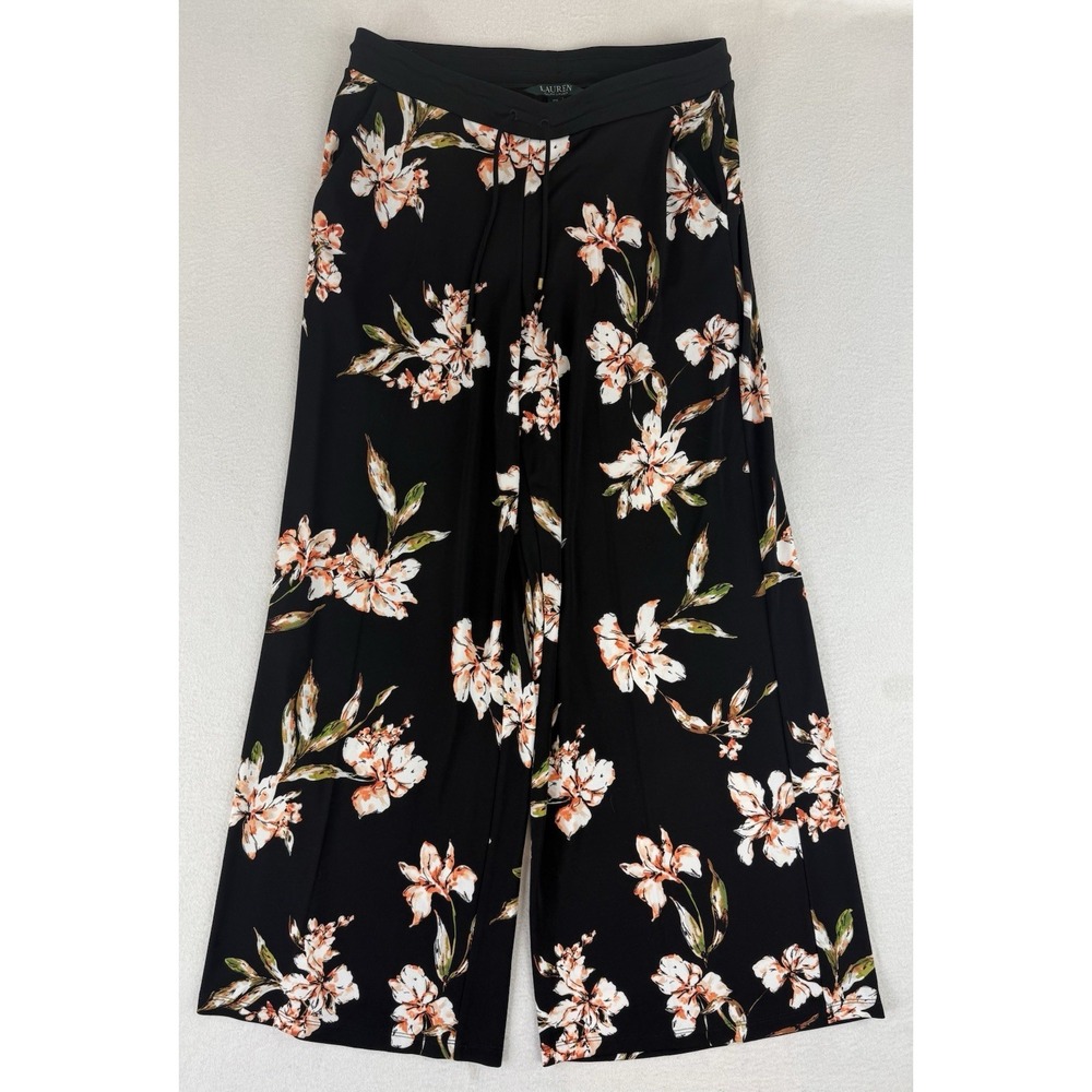 Ralph Lauren Wide Leg Tropical Pants Stretch Floral black Pull On Size PM
